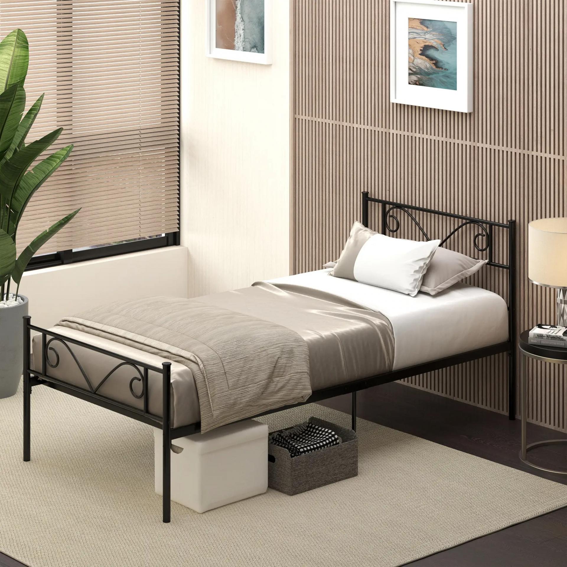 Marco de Cama Individual de Metal 31 cm para Colchón 90x190 cm con Cabecera Forma de Mariposa 95x196x100 cm Negro
