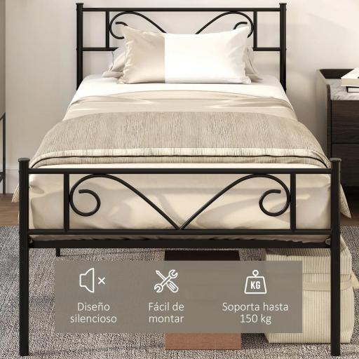 Marco de Cama Individual de Metal 31 cm para Colchón 90x190 cm con Cabecera Forma de Mariposa 95x196x100 cm Negro [5]
