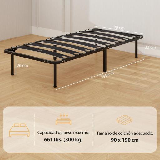 Estructura de Cama 90x190 cm con Marco de Acero Láminas de Álamo y Espacio de Almacenamiento Carga 350 kg Negro [1]