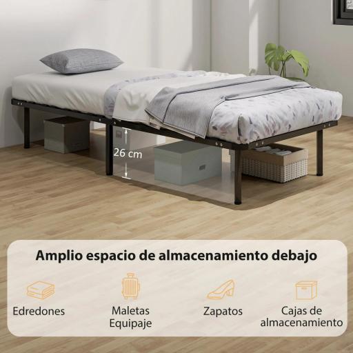 Estructura de Cama 90x190 cm con Marco de Acero Láminas de Álamo y Espacio de Almacenamiento Carga 350 kg Negro [7]