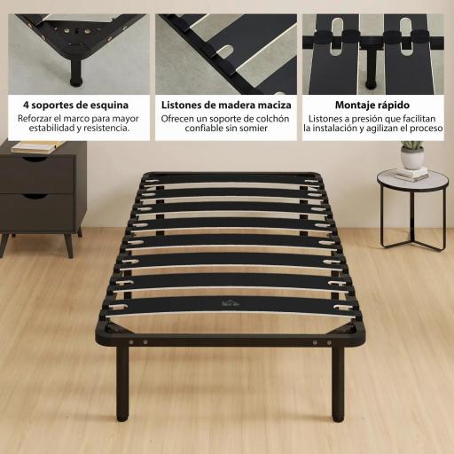 Estructura de Cama 90x190 cm con Marco de Acero Láminas de Álamo y Espacio de Almacenamiento Carga 350 kg Negro [8]