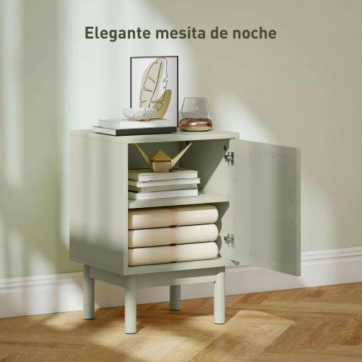 Mesilla de Noche con Puerta de Ratán Estante Ajustable y Patas de Madera Estilo Bohemio 40x35x58 cm Verde Claro [1]