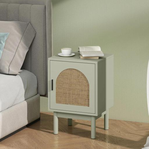 Mesilla de Noche con Puerta de Ratán Estante Ajustable y Patas de Madera Estilo Bohemio 40x35x58 cm Verde Claro [2]