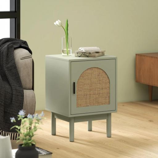 Mesilla de Noche con Puerta de Ratán Estante Ajustable y Patas de Madera Estilo Bohemio 40x35x58 cm Verde Claro [5]