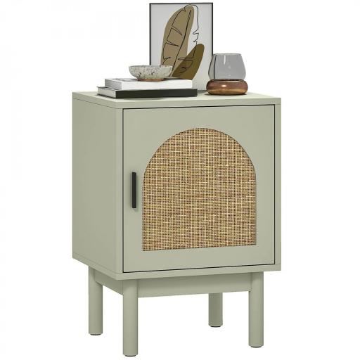 Mesilla de Noche con Puerta de Ratán Estante Ajustable y Patas de Madera Estilo Bohemio 40x35x58 cm Verde Claro [8]