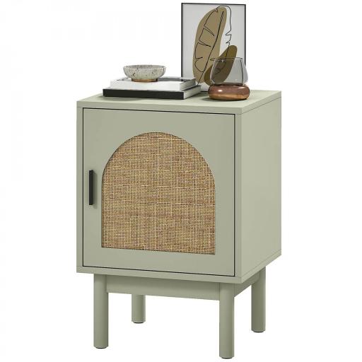 Mesilla de Noche con Puerta de Ratán Estante Ajustable y Patas de Madera Estilo Bohemio 40x35x58 cm Verde Claro [9]