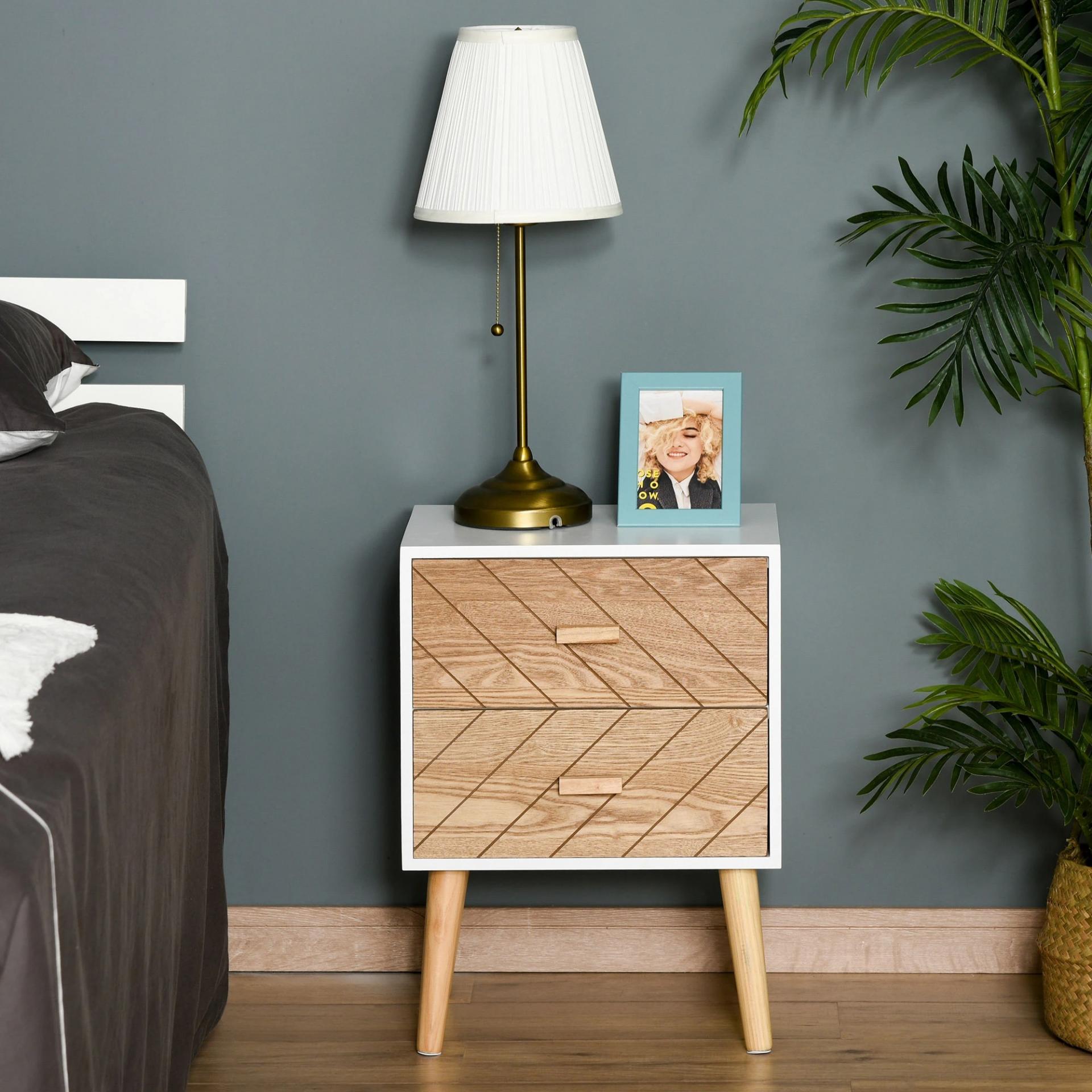 Mesita de Noche Madera con 2 Cajones Comoda Rústica Cajonera Mesilla Mueble para Dormitorio Armario Almacenamiento 40x30x55,5 cm Blanco y Natural