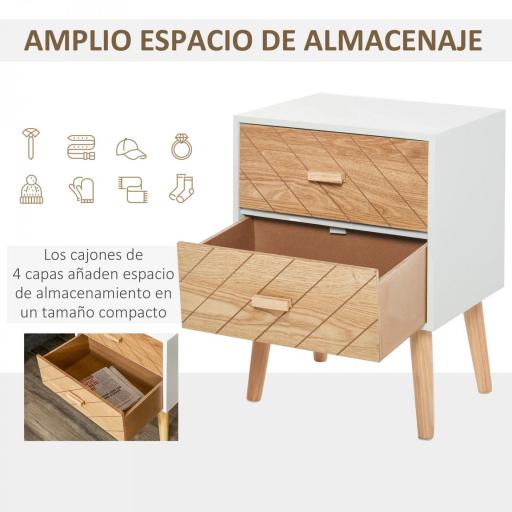 Mesita de Noche Madera con 2 Cajones Comoda Rústica Cajonera Mesilla Mueble para Dormitorio Armario Almacenamiento 40x30x55,5 cm Blanco y Natural [3]