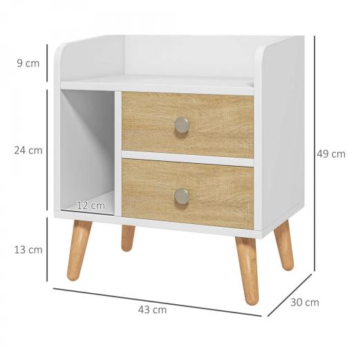Mesilla de Noche con 2 Cajones Grandes y 1 Estante Abierto y Patas Elevadas de Pino Diseño Nórdico 43x30x49 cm [1]
