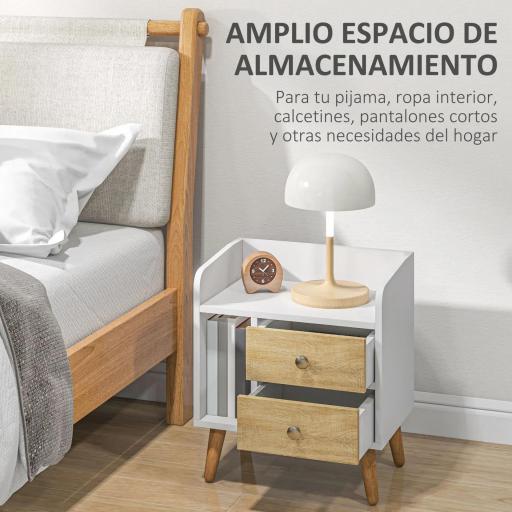 Mesilla de Noche con 2 Cajones Grandes y 1 Estante Abierto y Patas Elevadas de Pino Diseño Nórdico 43x30x49 cm [3]