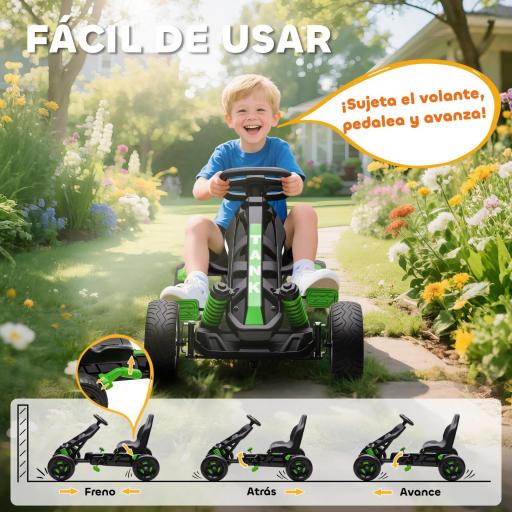 Kart Pedales para Niños de +3 Años con Embrague Automático Freno Ruedas Antideslizantes de EVA y Marco Metálico Verde [3]