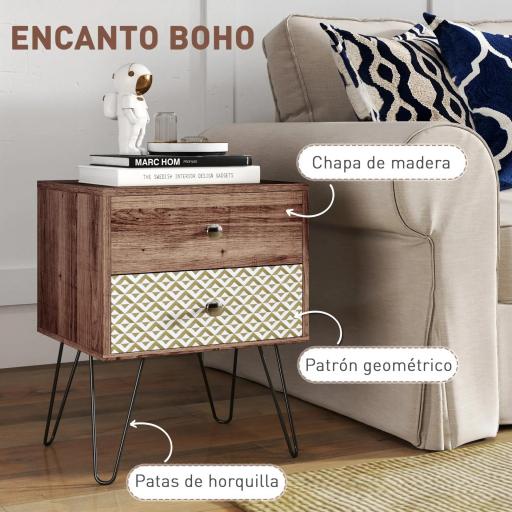 Mesita de Noche con 2 Cajones Patas de Acero Estilo Bohemio para Dormitorio Salón 45x39x55,5 cm Marrón [3]