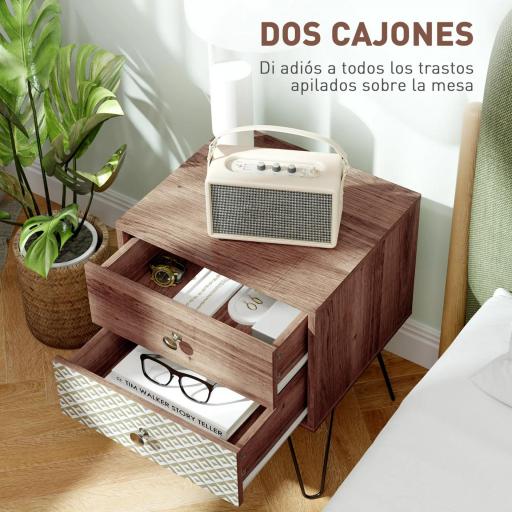 Mesita de Noche con 2 Cajones Patas de Acero Estilo Bohemio para Dormitorio Salón 45x39x55,5 cm Marrón [6]