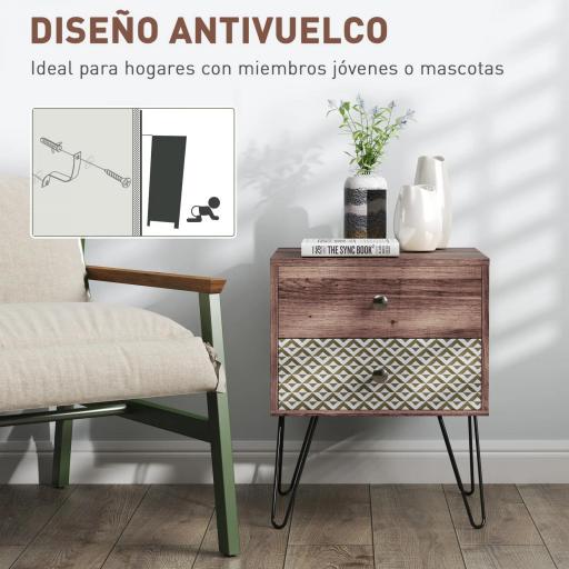 Mesita de Noche con 2 Cajones Patas de Acero Estilo Bohemio para Dormitorio Salón 45x39x55,5 cm Marrón [5]