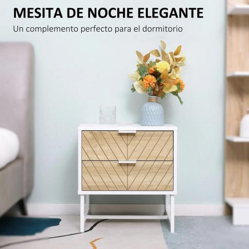 Mesita de Noche con 2 Cajones con Patas de Acero Mesilla Auxiliar para Salón Dormitorio 45x39x48cm Blanco y Roble [2]