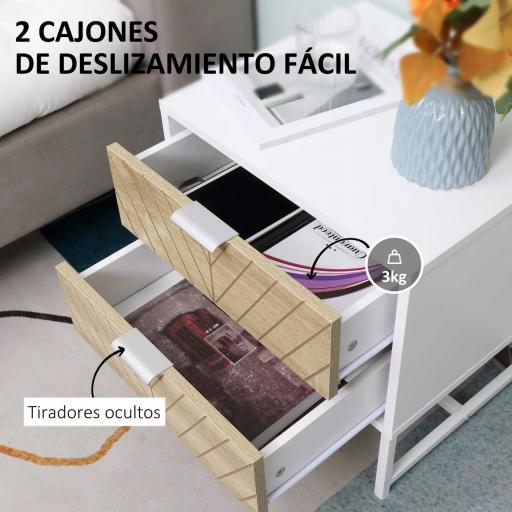 Mesita de Noche con 2 Cajones con Patas de Acero Mesilla Auxiliar para Salón Dormitorio 45x39x48cm Blanco y Roble [5]