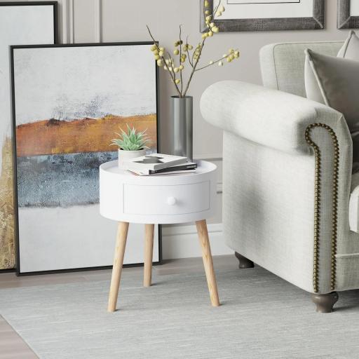 Mesita de Noche con 1 Cajón Mesa Auxiliar Redonda con Borde Elevado y 3 Patas de Madera para Dormitorio Sala de Estar Estilo de Moderno Ø38x45 cm Blanco [4]