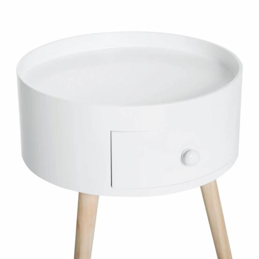 Mesita de Noche con 1 Cajón Mesa Auxiliar Redonda con Borde Elevado y 3 Patas de Madera para Dormitorio Sala de Estar Estilo de Moderno Ø38x45 cm Blanco [5]