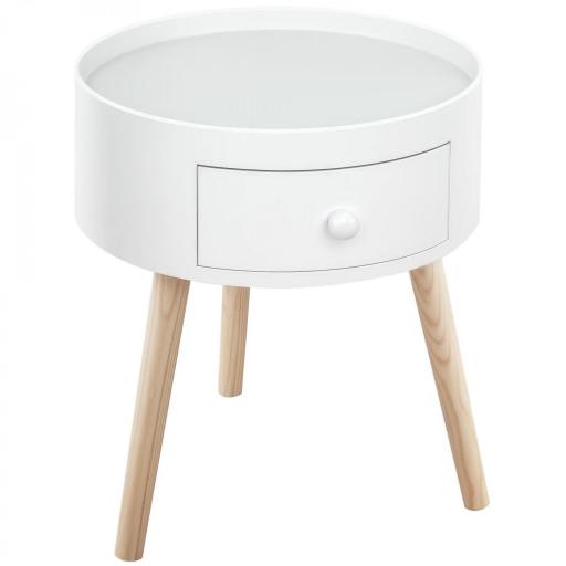 Mesita de Noche con 1 Cajón Mesa Auxiliar Redonda con Borde Elevado y 3 Patas de Madera para Dormitorio Sala de Estar Estilo de Moderno Ø38x45 cm Blanco [9]