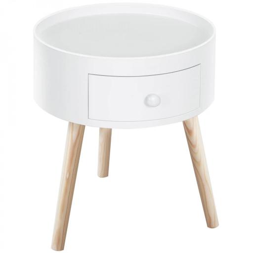 Mesita de Noche con 1 Cajón Mesa Auxiliar Redonda con Borde Elevado y 3 Patas de Madera para Dormitorio Sala de Estar Estilo de Moderno Ø38x45 cm Blanco [8]