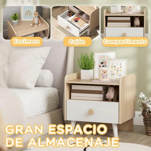 Mesita de Noche para Niños de +3 Años con Cajón y Bordes Redondeados para Dormitorio Roble y Blanco [4]