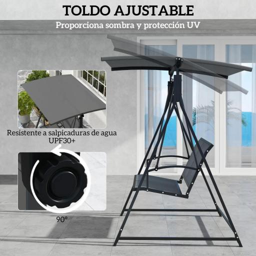 Columpio de Jardín de 2 Plazas con Toldo Ajustable y Estructura Triangular de Metal Carga 220 kg 160x112x162 cm Gris [4]