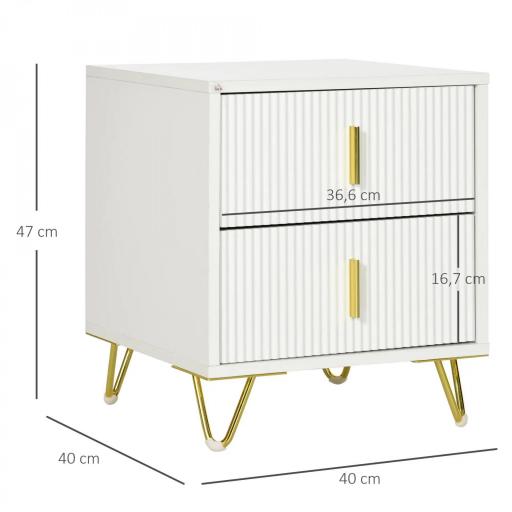 Mesilla de Noche con 2 Cajones Mesita de Noche Mesita Auxiliar con Patas de Metal para Dormitorio 40x40x47 cm Blanco [1]