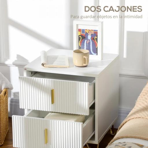 Mesilla de Noche con 2 Cajones Mesita de Noche Mesita Auxiliar con Patas de Metal para Dormitorio 40x40x47 cm Blanco [2]