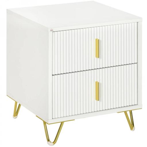 Mesilla de Noche con 2 Cajones Mesita de Noche Mesita Auxiliar con Patas de Metal para Dormitorio 40x40x47 cm Blanco [8]