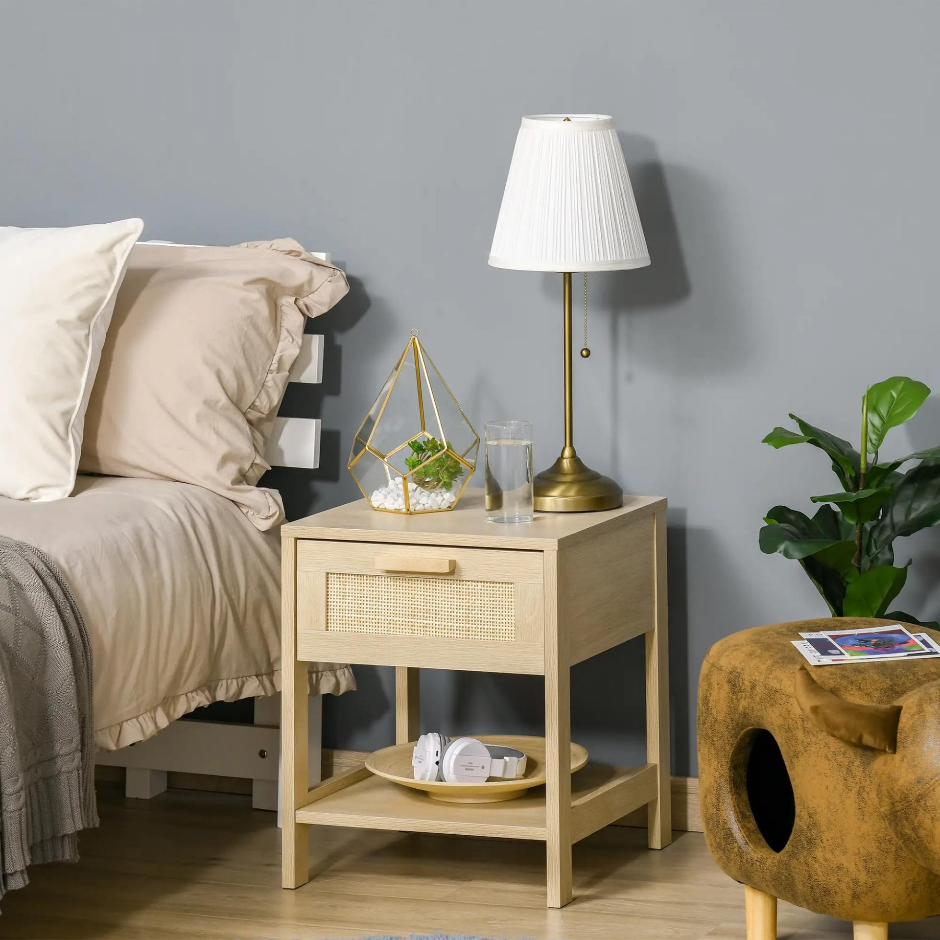 Mesita de Noche Mesilla de Noche con Cajón de Ratán y Estante Inferior Carga 40 kg para Dormitorio Sala 40x40x48 cm Natural