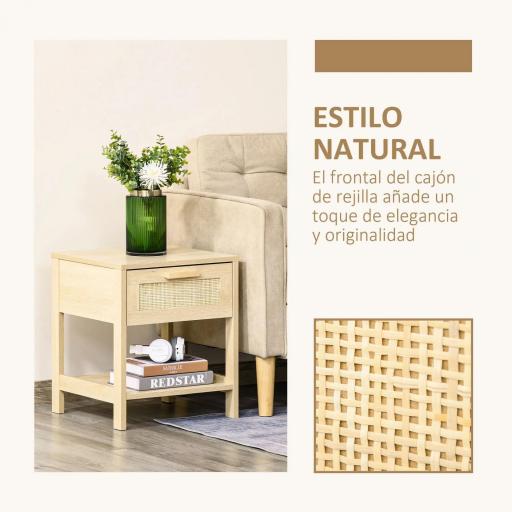 Mesita de Noche Mesilla de Noche con Cajón de Ratán y Estante Inferior Carga 40 kg para Dormitorio Sala 40x40x48 cm Natural [2]