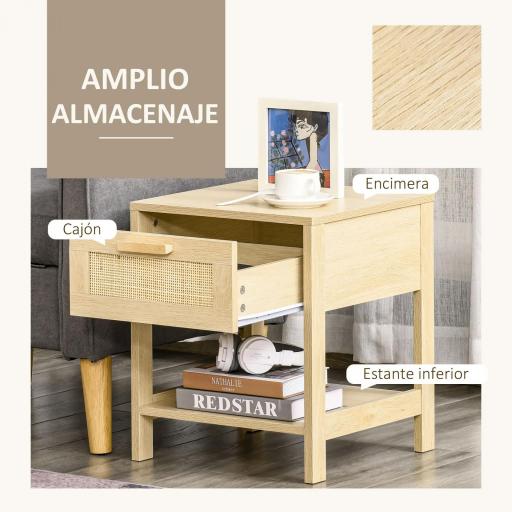 Mesita de Noche Mesilla de Noche con Cajón de Ratán y Estante Inferior Carga 40 kg para Dormitorio Sala 40x40x48 cm Natural [7]
