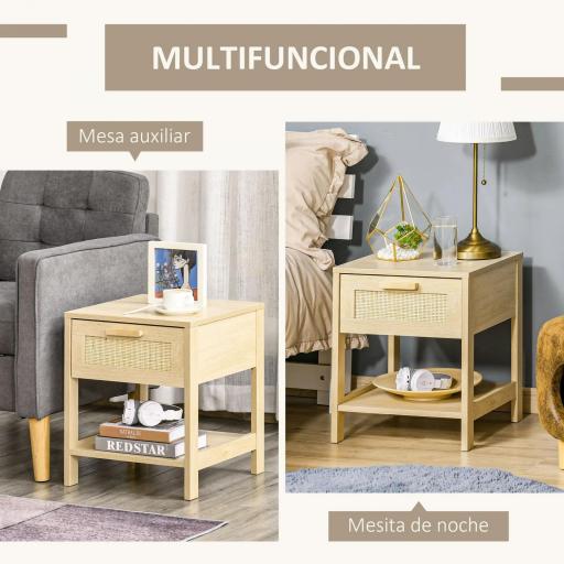 Mesita de Noche Mesilla de Noche con Cajón de Ratán y Estante Inferior Carga 40 kg para Dormitorio Sala 40x40x48 cm Natural [3]