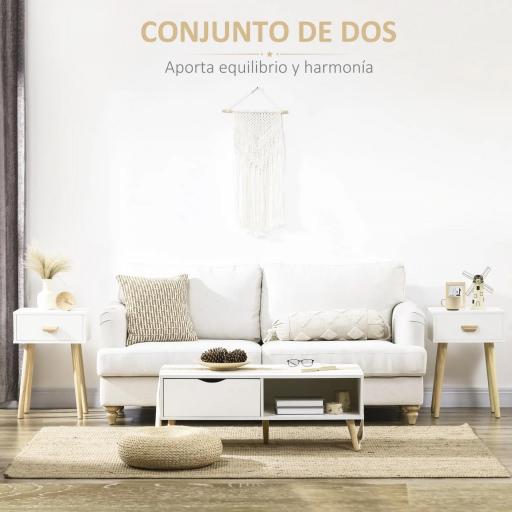 Juego de 2 Mesitas de Noche con Cajón y Patas de Madera para Dormitorio Salón Cama Oficina 40,5x30,5x60 cm Blanco [5]