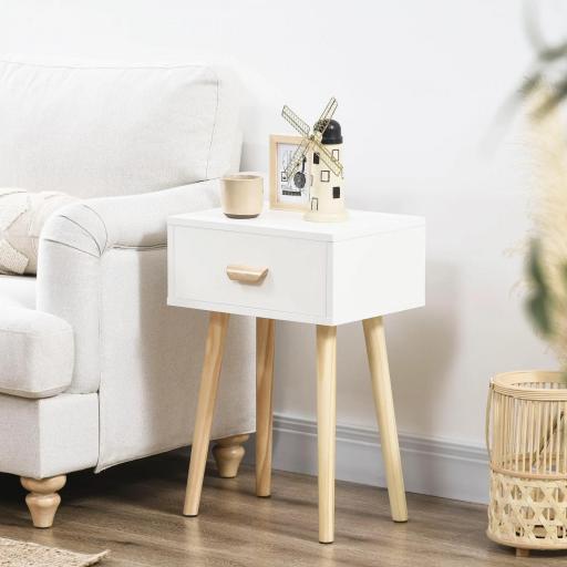 Juego de 2 Mesitas de Noche con Cajón y Patas de Madera para Dormitorio Salón Cama Oficina 40,5x30,5x60 cm Blanco [3]
