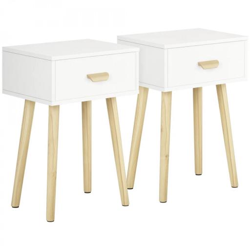 Juego de 2 Mesitas de Noche con Cajón y Patas de Madera para Dormitorio Salón Cama Oficina 40,5x30,5x60 cm Blanco [8]