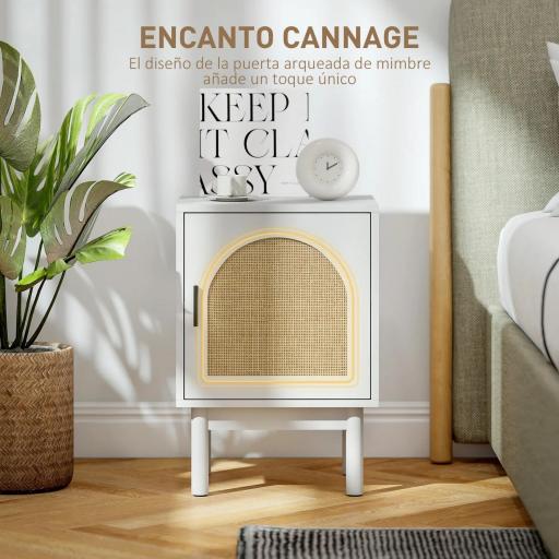 Mesilla de Noche con Puerta de Ratán Estante Ajustable y Patas de Madera Estilo Bohemio 40x35x58 cm Blanco [2]