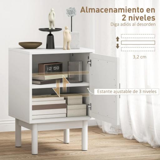 Mesilla de Noche con Puerta de Ratán Estante Ajustable y Patas de Madera Estilo Bohemio 40x35x58 cm Blanco [6]