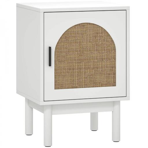 Mesilla de Noche con Puerta de Ratán Estante Ajustable y Patas de Madera Estilo Bohemio 40x35x58 cm Blanco [10]