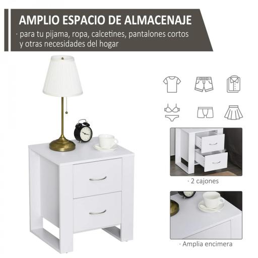 Mesita de Noche con 2 Cajones Patas y Base Elevada para Dormitorio Mesa Lateral para Sala de Estar Estilo Moderno 48x39x54 cm Blanco [6]