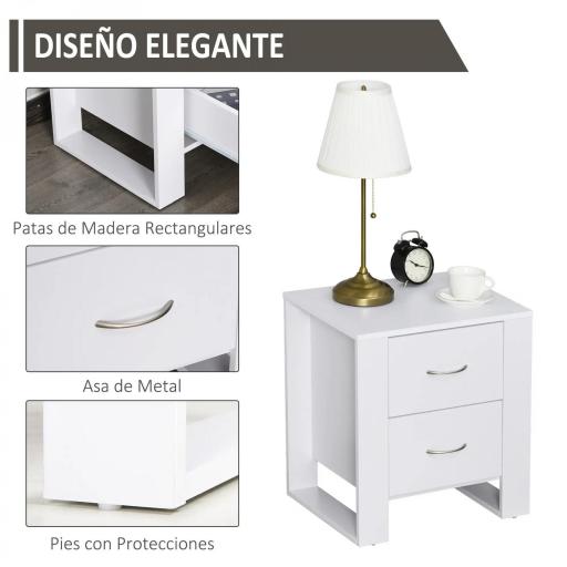 Mesita de Noche con 2 Cajones Patas y Base Elevada para Dormitorio Mesa Lateral para Sala de Estar Estilo Moderno 48x39x54 cm Blanco [5]