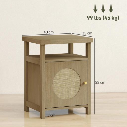 Mesita de Noche con Puerta de Ratán Mesilla de Noche con Estante Abierto y Compartimento 40x35x55 cm Madera Natural [1]