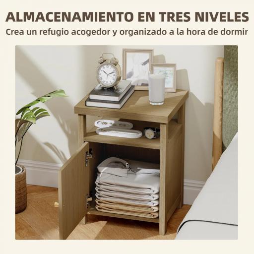 Mesita de Noche con Puerta de Ratán Mesilla de Noche con Estante Abierto y Compartimento 40x35x55 cm Madera Natural [5]
