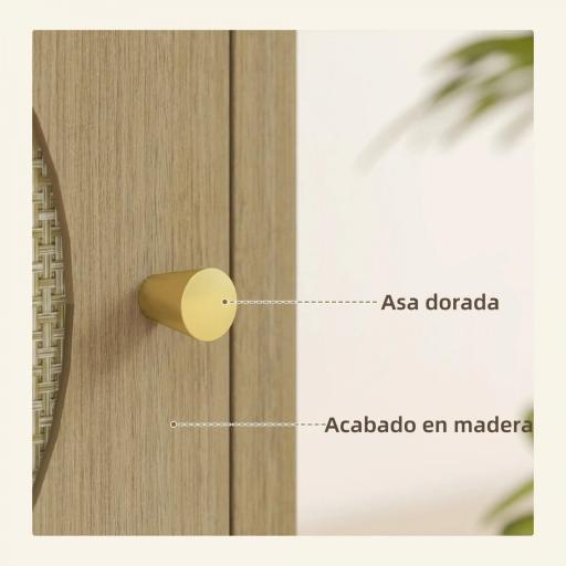 Mesita de Noche con Puerta de Ratán Mesilla de Noche con Estante Abierto y Compartimento 40x35x55 cm Madera Natural [4]