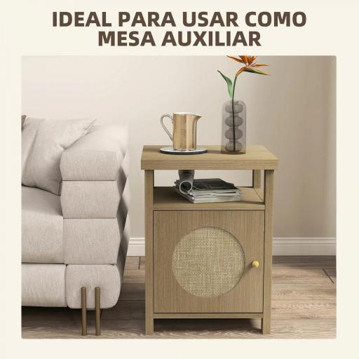 Mesita de Noche con Puerta de Ratán Mesilla de Noche con Estante Abierto y Compartimento 40x35x55 cm Madera Natural [3]