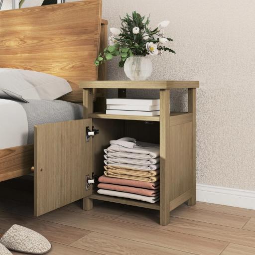 Mesita de Noche con Puerta de Ratán Mesilla de Noche con Estante Abierto y Compartimento 40x35x55 cm Madera Natural [6]