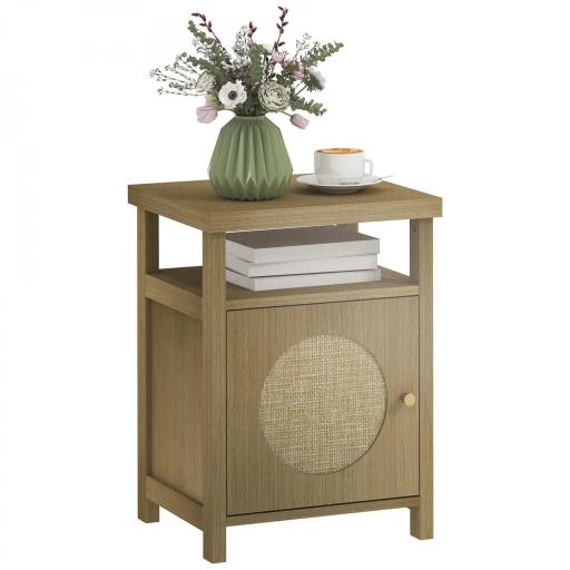 Mesita de Noche con Puerta de Ratán Mesilla de Noche con Estante Abierto y Compartimento 40x35x55 cm Madera Natural [8]