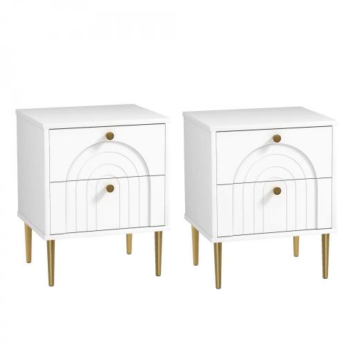 Pack de 2 Mesillas de Noche Dormitorio con 2 Cajones y Patas de Acero Estilo Moderno 40x35x50 cm Blanco [8]