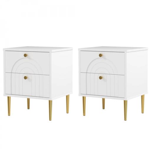 Pack de 2 Mesillas de Noche Dormitorio con 2 Cajones y Patas de Acero Estilo Moderno 40x35x50 cm Blanco [9]