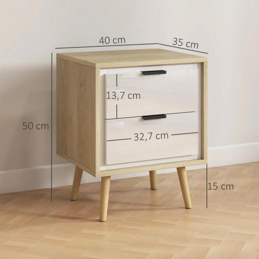 Juego de 2 Mesitas de Noche Modernas con 2 Cajones con Deslizamiento Silencioso 40x35x50 cm Blanco Brillo y Roble [1]